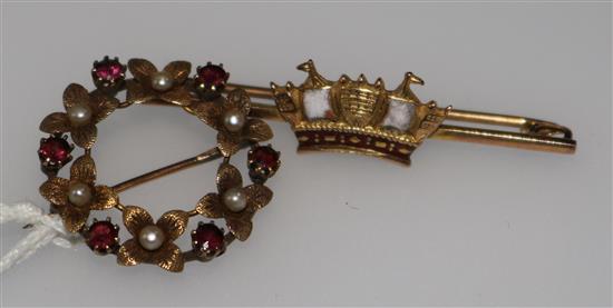 A 15ct gold and gem set brooch and a 9ct gold and enamel coronet bar brooch.